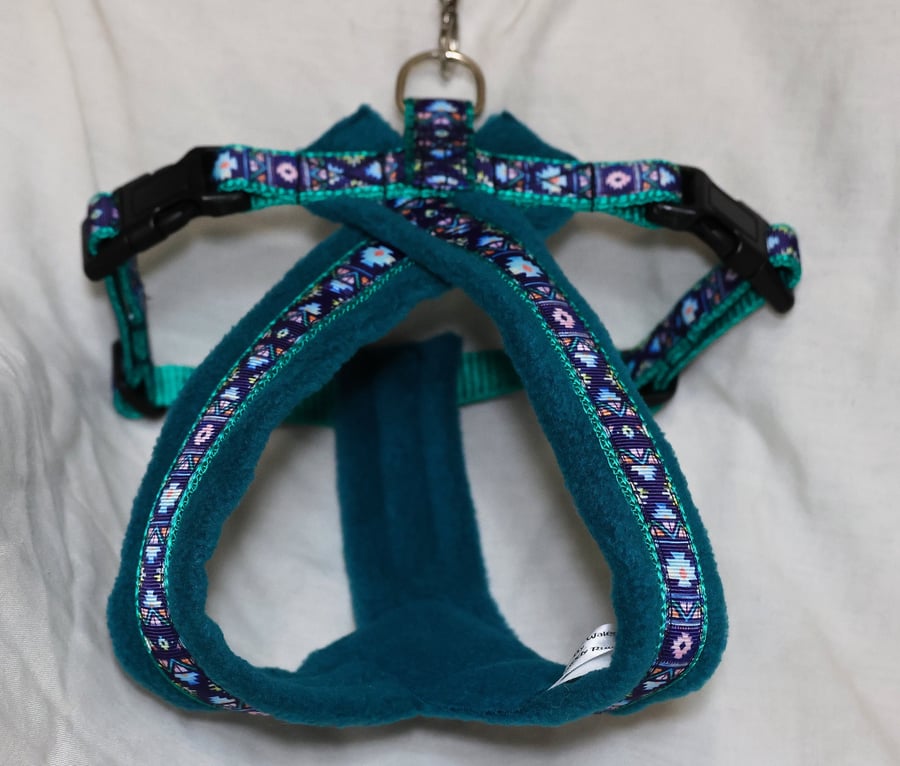 Adjustable Lightweight Dog Harness with Soft Teal Fleece Lining, Vibrant Aztec 