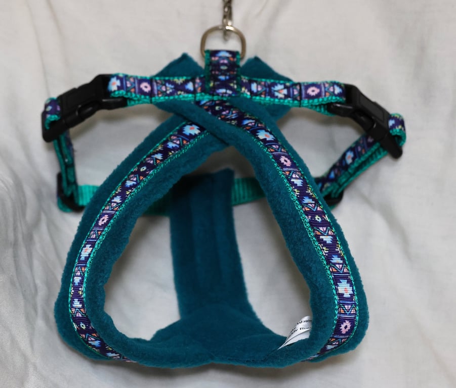 Adjustable Lightweight Dog Harness with Soft Teal Fleece Lining, Vibrant Aztec 