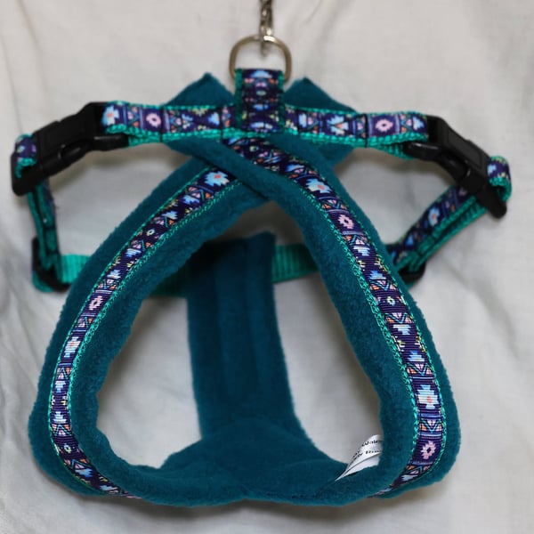 Adjustable Lightweight Dog Harness with Soft Teal Fleece Lining, Vibrant Aztec 