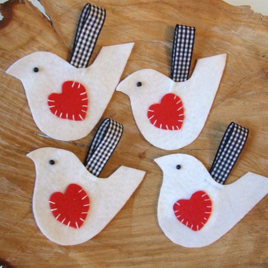 Felt bird decorations, white felt birds, set of four birds 