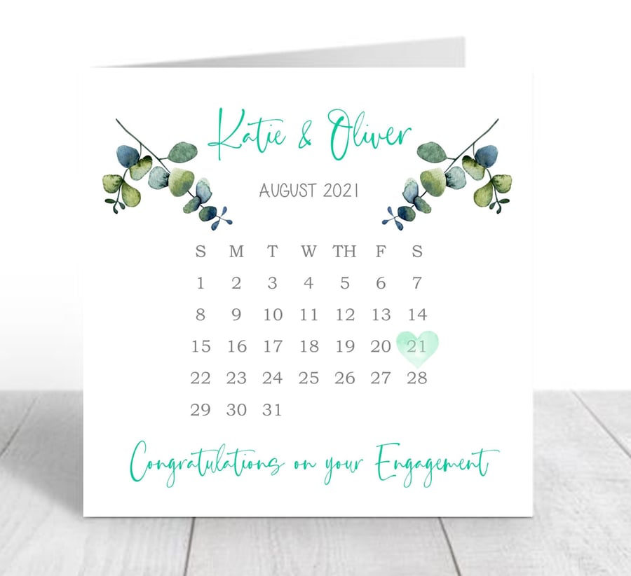 Calendar Card Personalised with Names and Date Engagement & Congratulations card