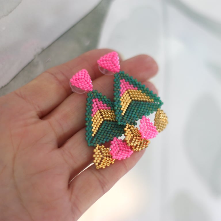 Emerald green, pink and gold hand beaded chandelier earrings.
