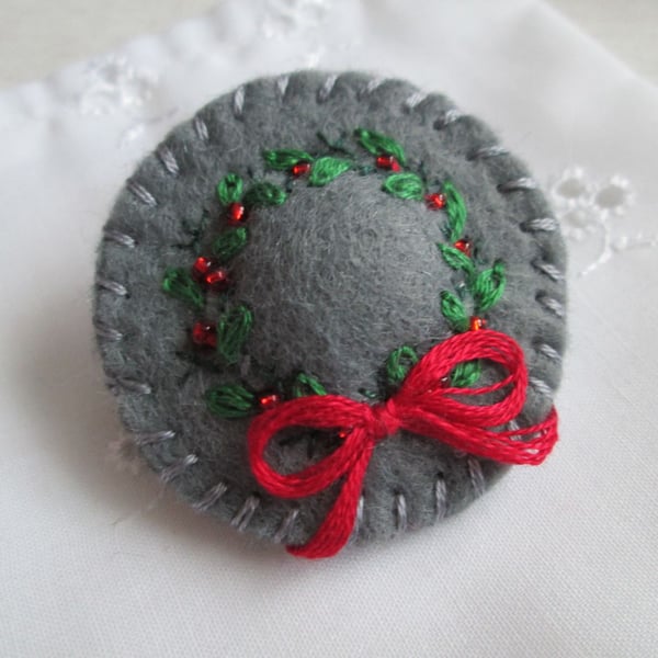 SOLD - Hand Embroidered Winter Hat Brooch, Christmas Brooch, Felt Hat Brooch