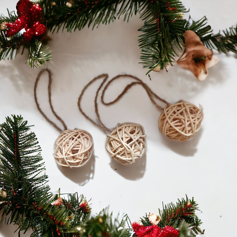 Set of 3 Rattan Baubles, Hanging Christmas Ornament