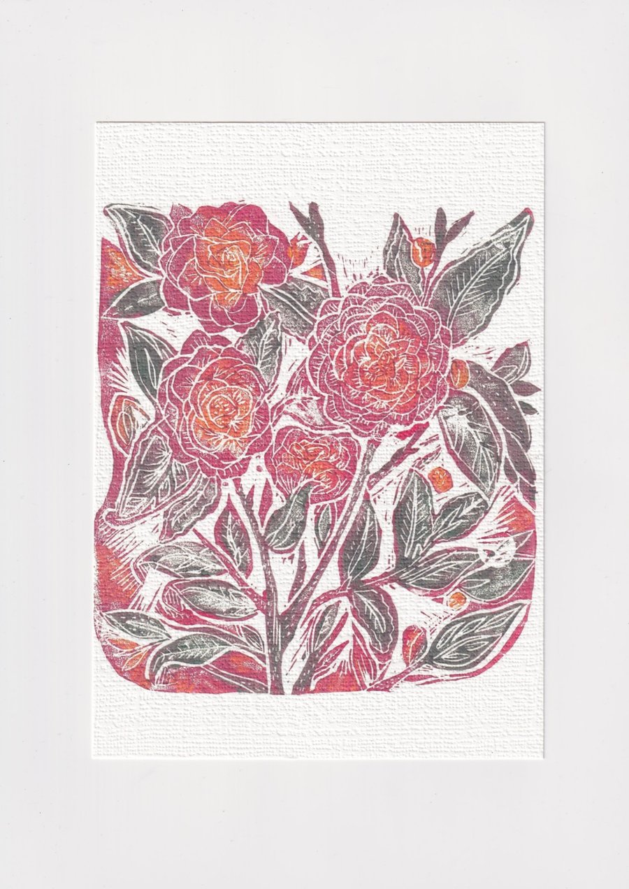 A5 Linocut Red Rose Print