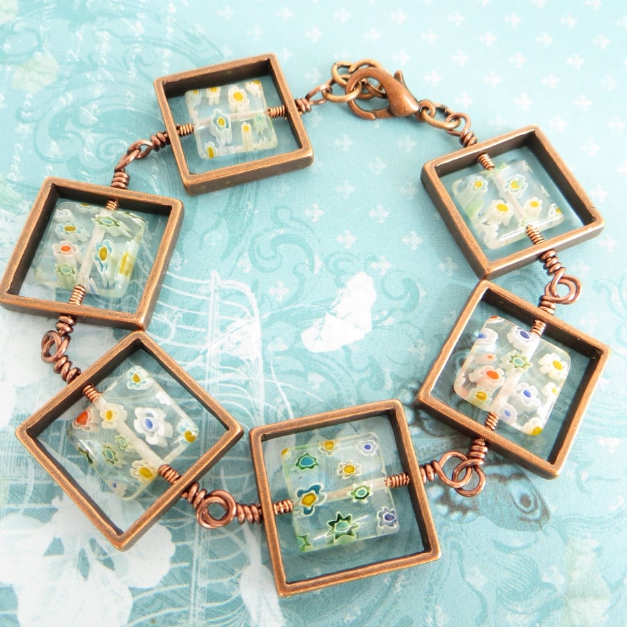 Copper Squares Bracelet, White Millefiori Bracelet, Colourful Flower Bracelet