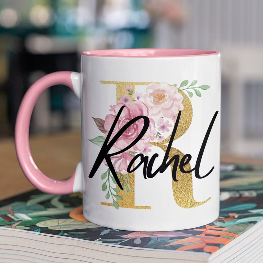 Personalised Gold Initial Floral Name Mug Flowers & Name Custom Name 