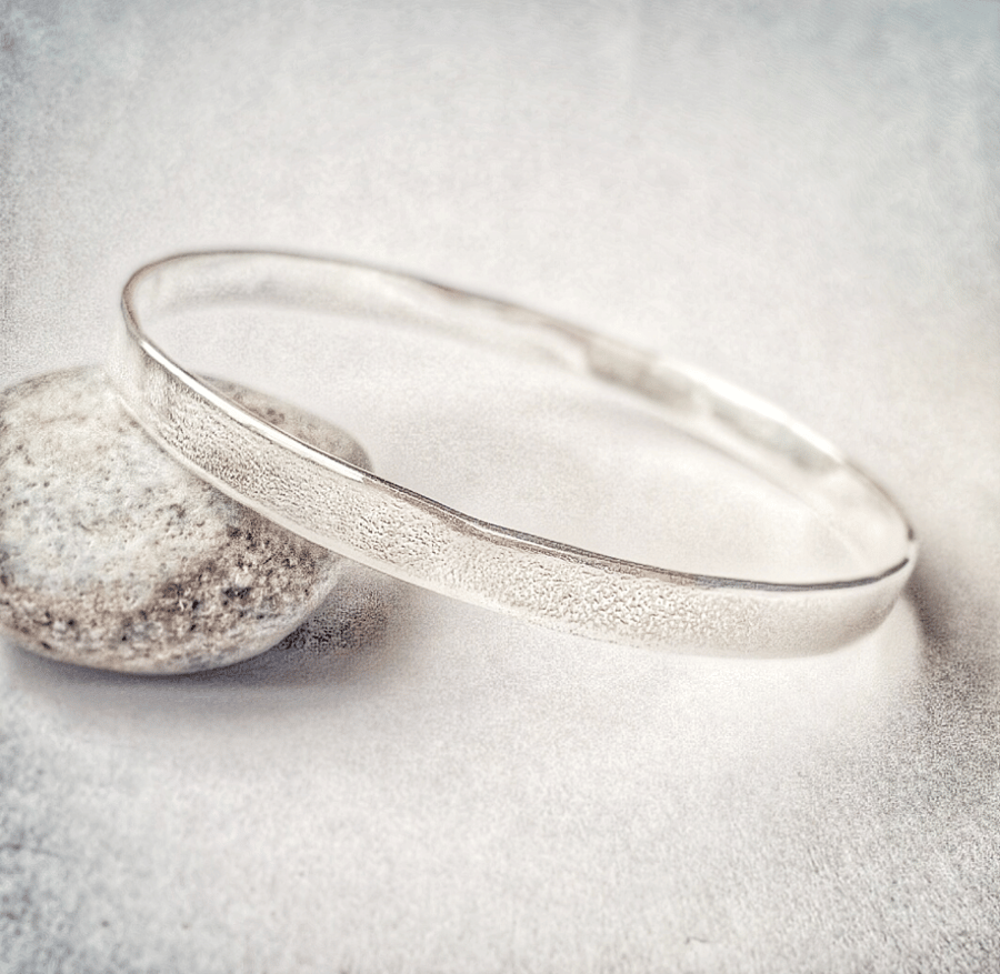 Simple wide textured solid silver bangle gift for her 