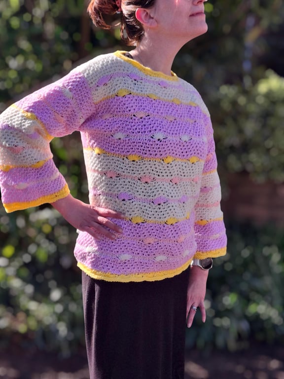 Handmade Tunisian Crochet Spring Coloured Jumper. Ladies Small