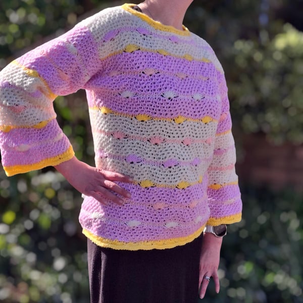 Handmade Tunisian Crochet Spring Coloured Jumper. Ladies Small