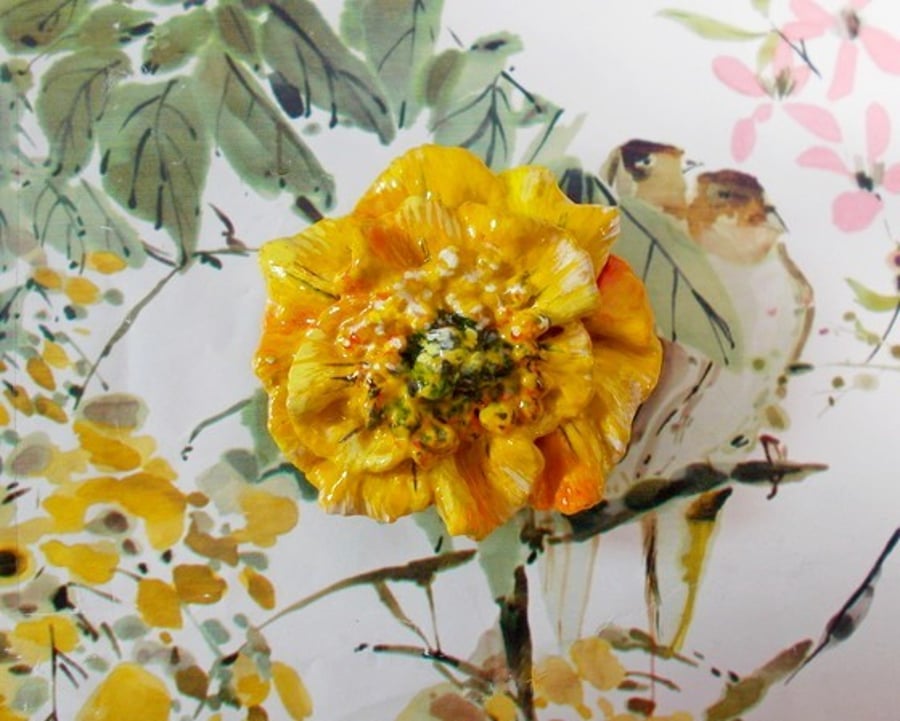 YELLOW WELSH POPPY BROOCH Wales Wedding Corsage Lapel Pin HANDMADE HAND PAINTED
