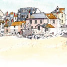 St Ives Cornwall Harbour Beach - Mounted Fine Art Print 16 x 9 Inches.