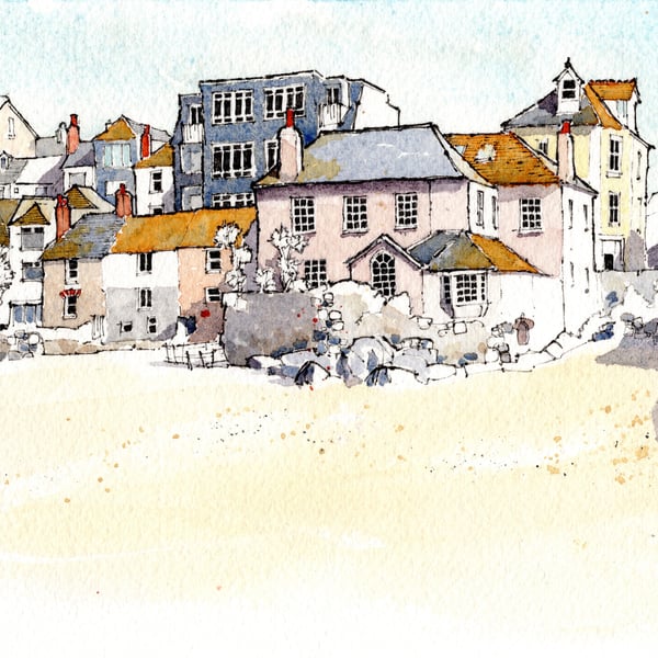 St Ives Cornwall Harbour Beach - Mounted Fine Art Print 16 x 9 Inches.