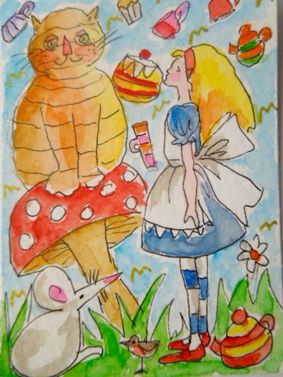 Original aceo collectable watercolour painting - Alice meets the Cheshire Cat.