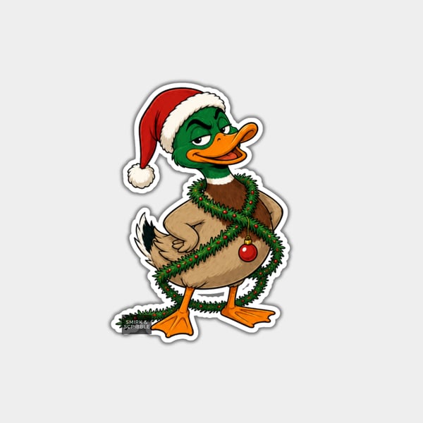Unique Funny Christmas Sticker Xmas Decal - Happy Duck In Santa Hat