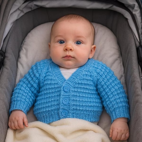 Hand knitted baby cardigan in baby blue, textured pattern  