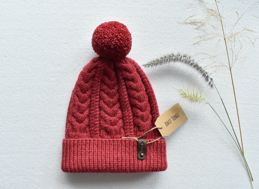 Chunky wool cable knit beanie hat. Alpaca-wool warm bobble hat.