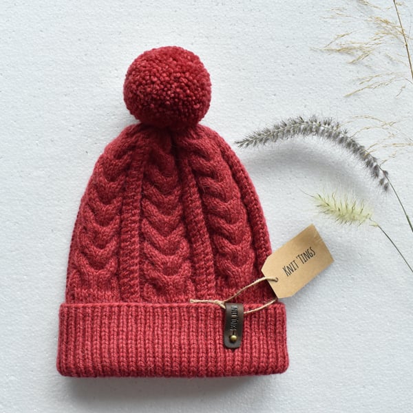 Chunky wool cable knit beanie hat. Alpaca-wool warm bobble hat.