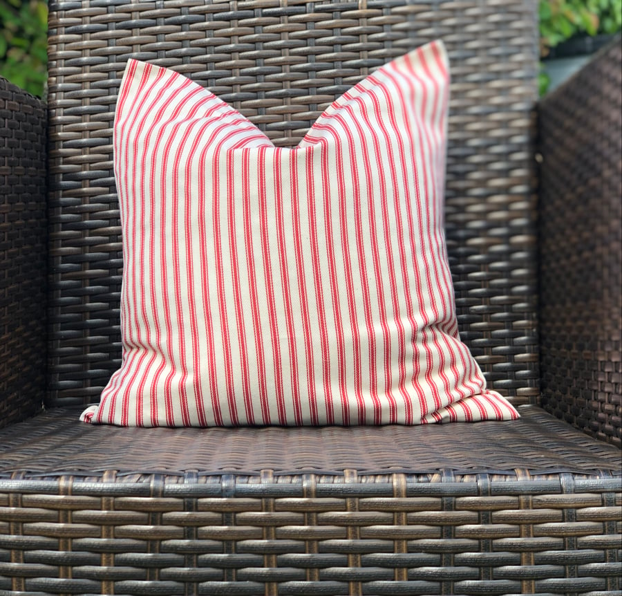Red and Cream Ticking Cushion Cover 16” x 16” (40cm x 40cm)