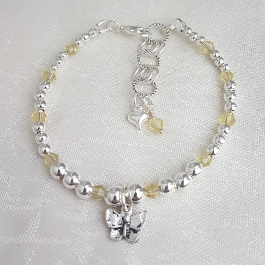 SALE - Silver bead Yellow Crystal Bracelet with Butterfly charm 