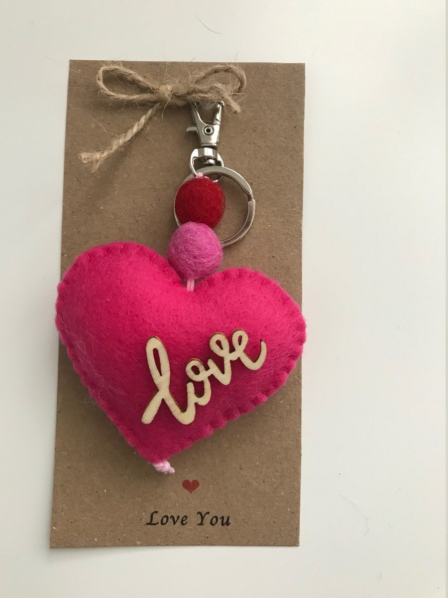Love Heart keyring, Handmade Felt keyring, Heart & Pom Pom Keyring, Valentines G