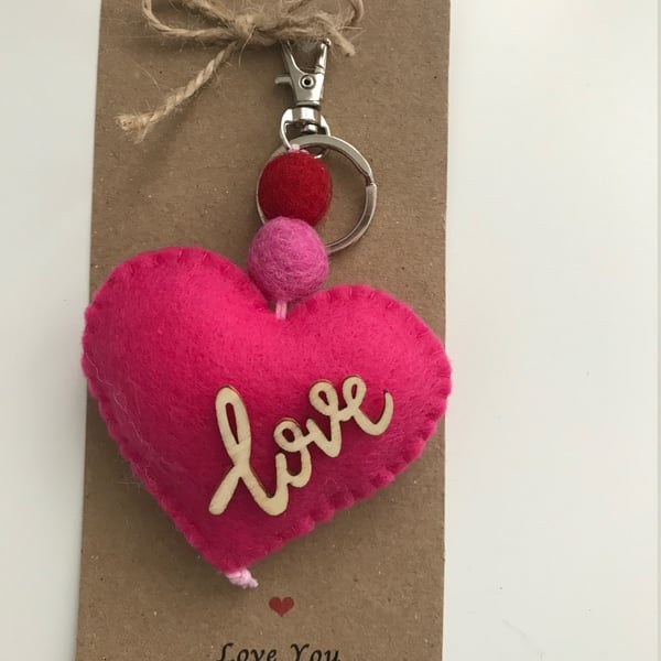 Love Heart keyring, Handmade Felt keyring, Heart & Pom Pom Keyring, Valentines G