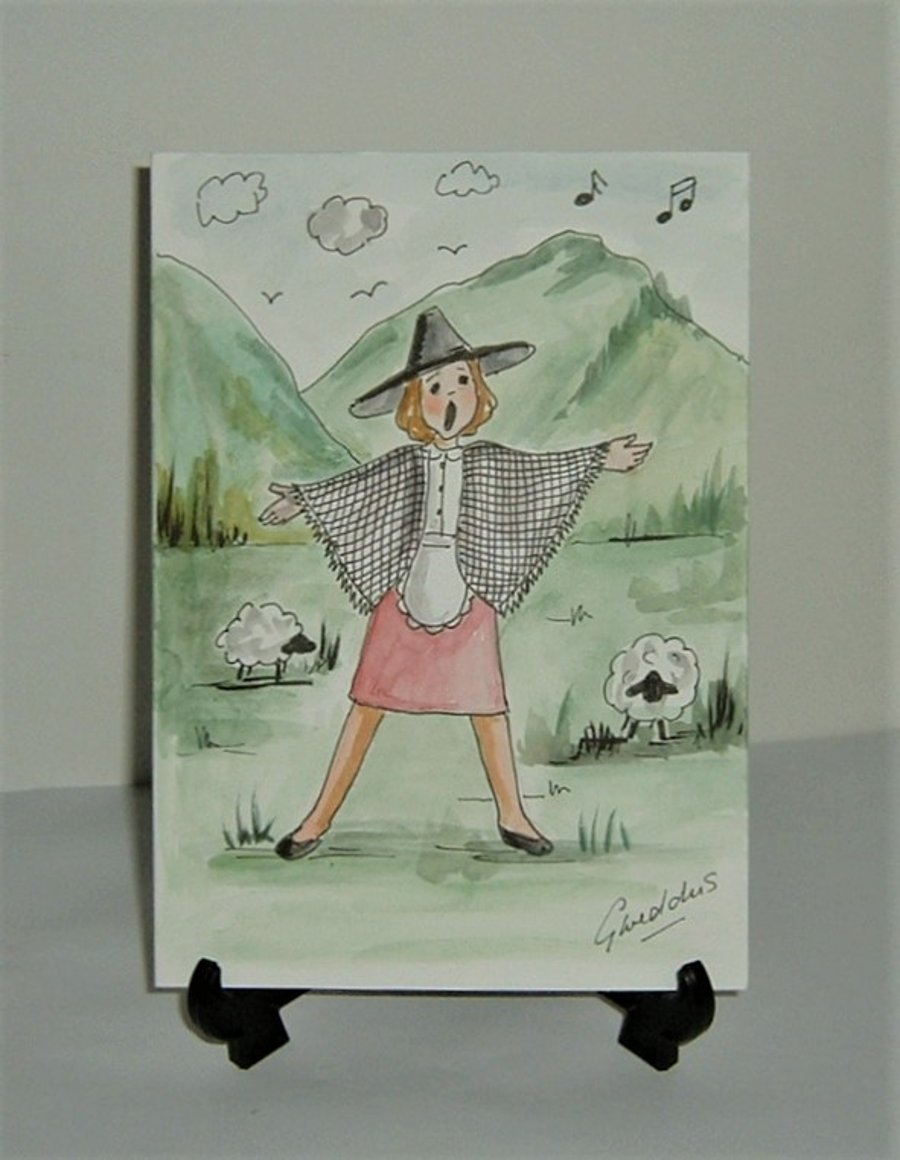original Welsh lady cartoon greetings card ( ref F 911 )