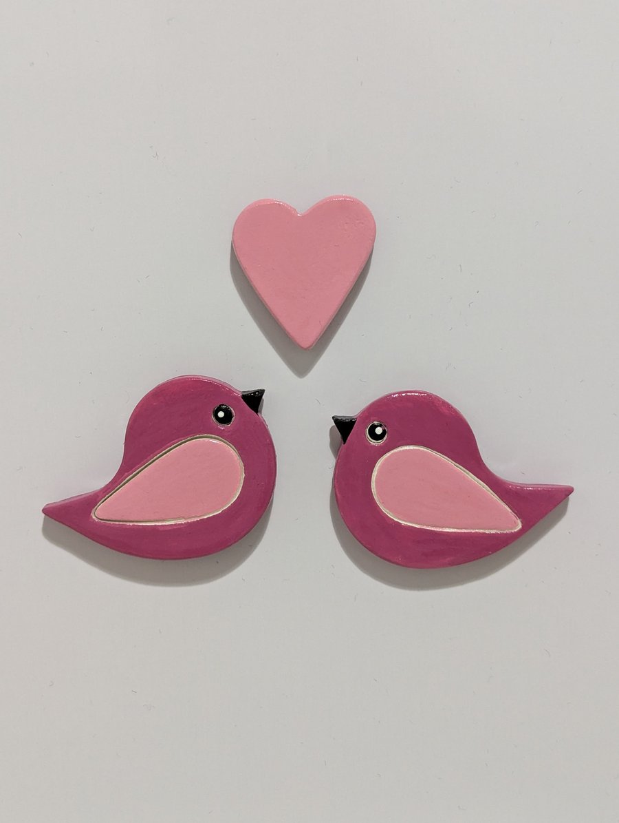 Cute birds and heart fridge magnets, clay, kitchen gift, Mother's day