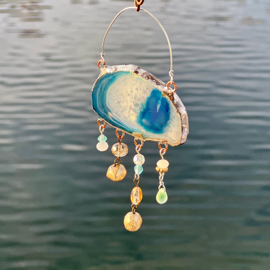 Agate Suncatcher Cloud with Vintage Glass Bead Droplets: Ice and Blue