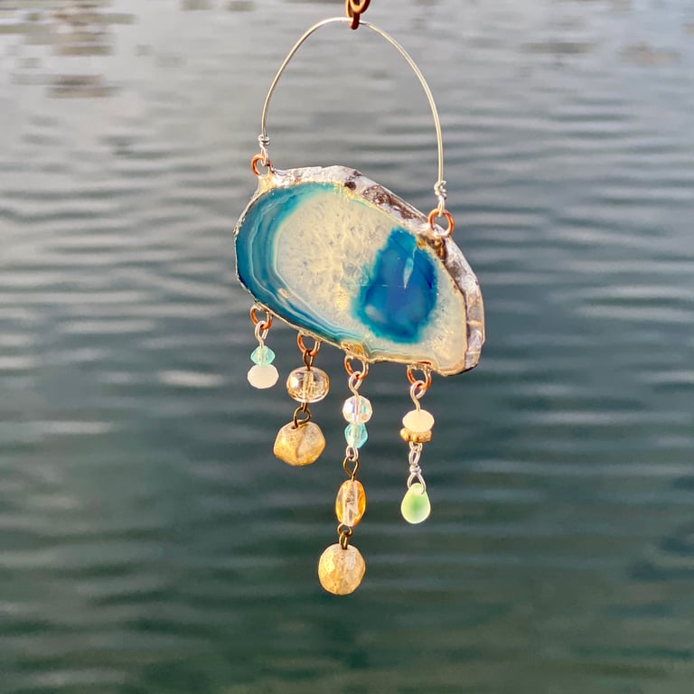 Agate Suncatcher Cloud with Vintage Glass Bead Droplets: Ice and Blue