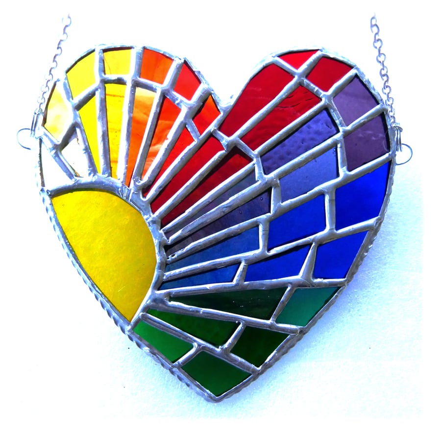Sun Heart Suncatcher Stained Glass Rainbow Rays Handmade 007