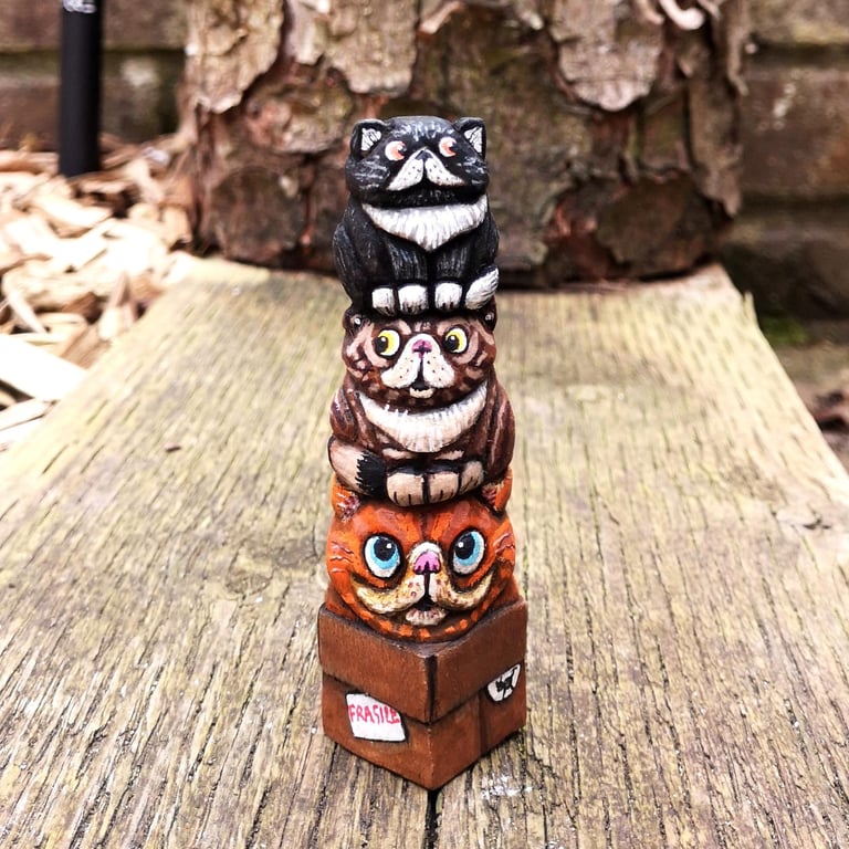 Hand carved, painted and oiled stack of Persian Cats in a box!
