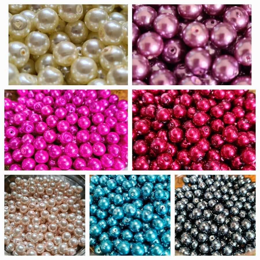 100 x Round Glass Pearl Beads, choice of colours, 6mm