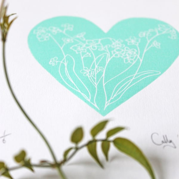 Limited edition mint forget-me-not heart print