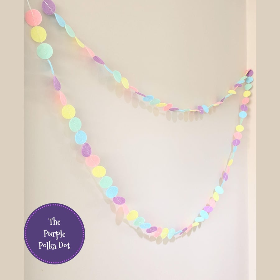 Pastel circle confetti garland handmade from wool blend felt in rainbow pastels