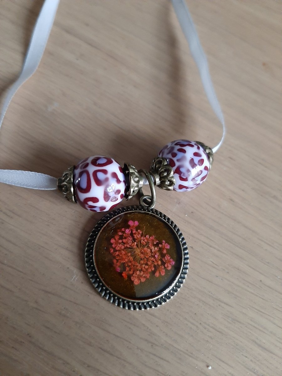 Handmade resin pendent with ribbon necklace 