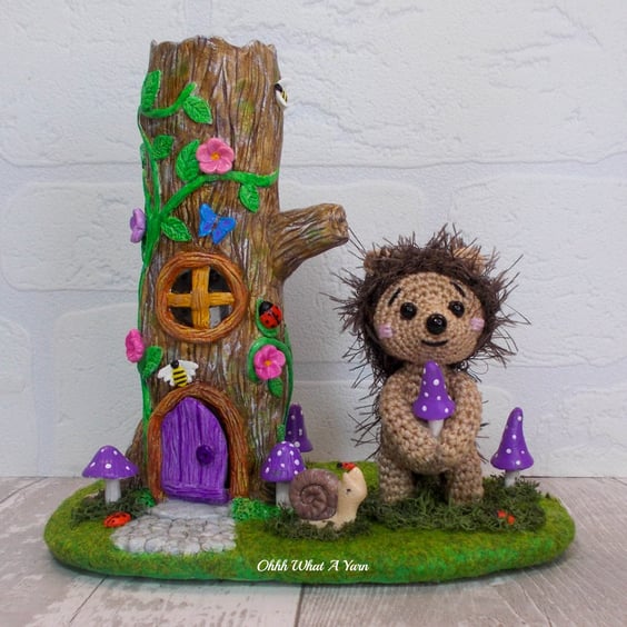 Hedgehog and light up fairy tree house mixed media sculpture. Crochet ornament.