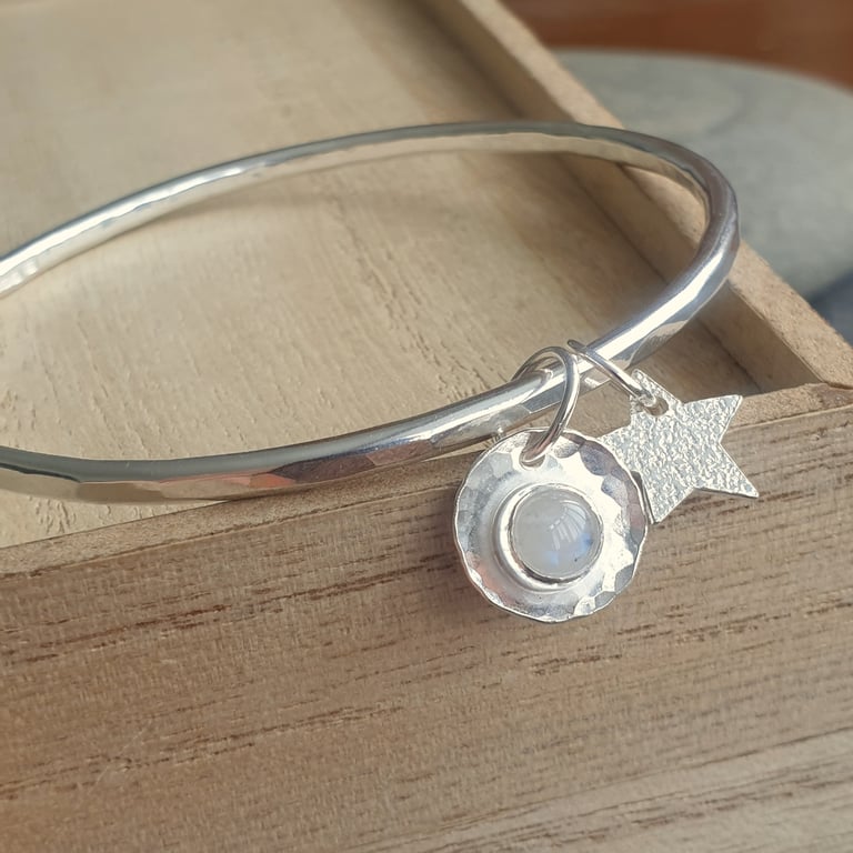 Sterling silver bangle with moonstone, Moon and stars bangle, Lunar jewellery