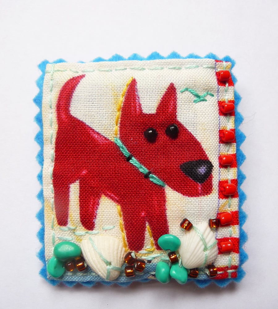 ONSALE  Vintage fabric with dog design printed textile handmade beaded brooch