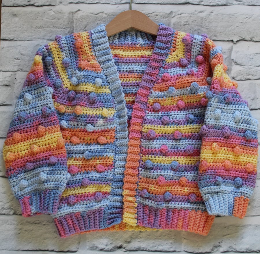 Girls Cardigan, Bobble Cardigan, Size 3-4 Years, Blue Yellow Purple Orange Pink