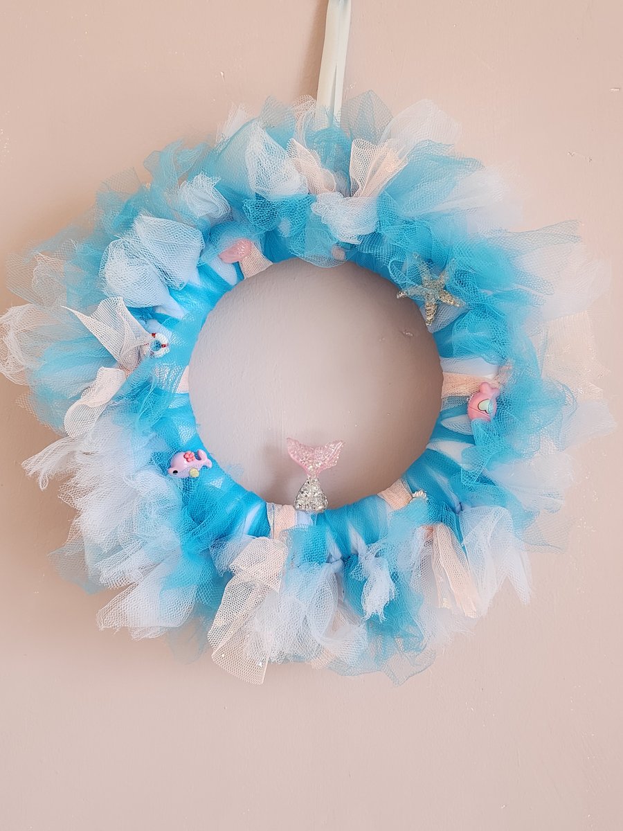 Blue and Pink  Sea themed Tulle Wreath