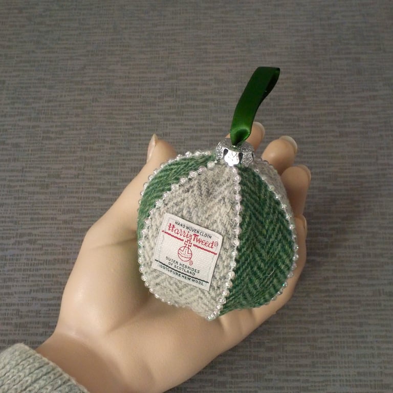 Harris tweed bauble Christmas tree decoration green grey herringbone ornament