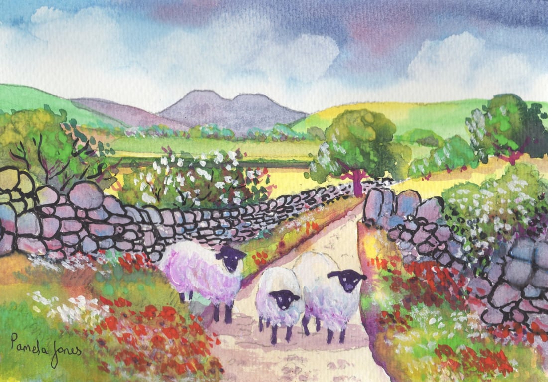 Sheep, Country Lane, Brecon Beacons - Original Watercolour in 14 x 11 Mount