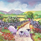 Sheep, Country Lane, Brecon Beacons - Original Watercolour in 14 x 11 Mount