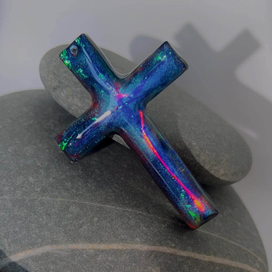 Dichroic Aurora Resin Cross Pendant: Iridescent Blue Turquoise Red Crucifix Neck