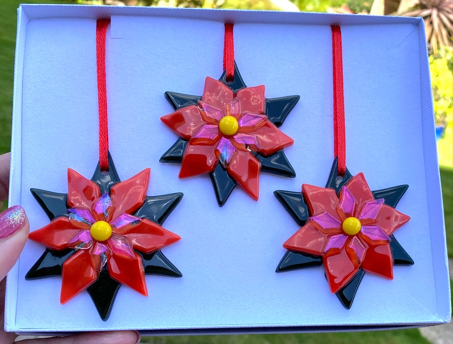 Poinsettia, fused glass Christmas decoration gift set