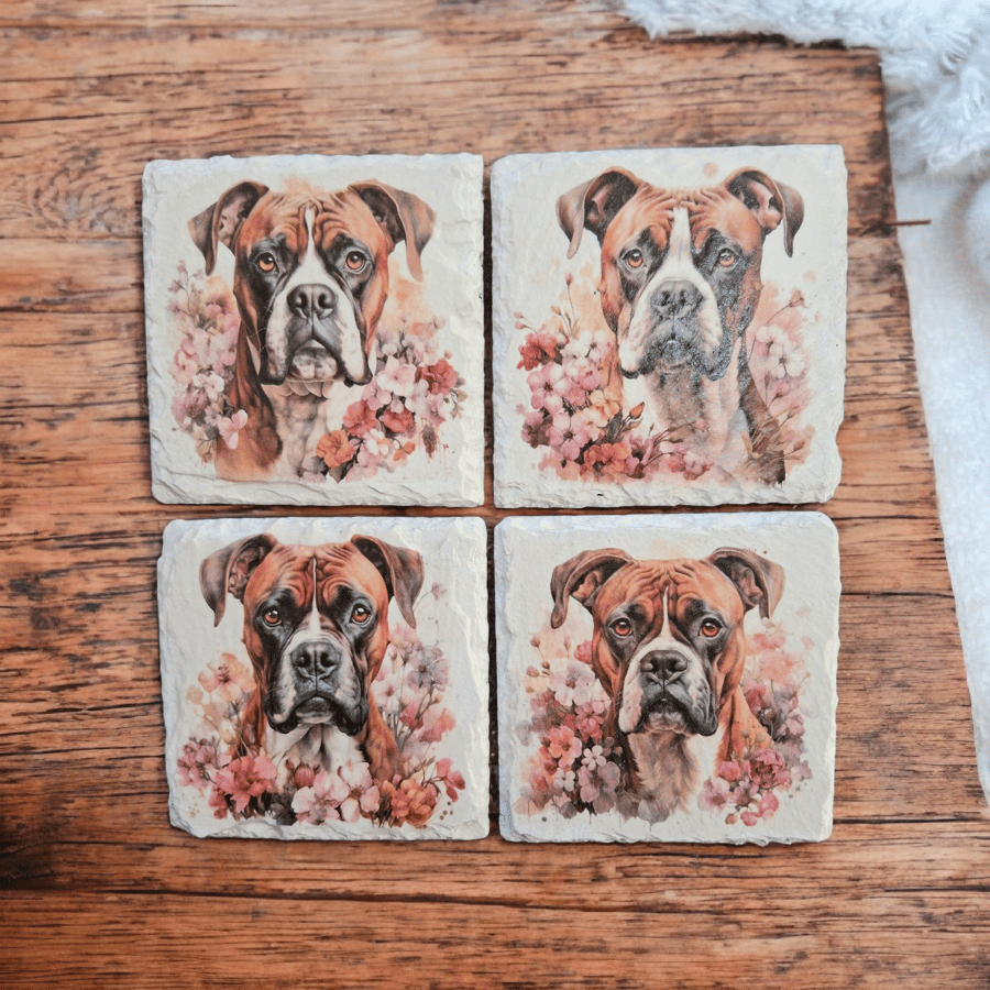 Boxer Dog Decoupaged Slate Coasters Set of 4
