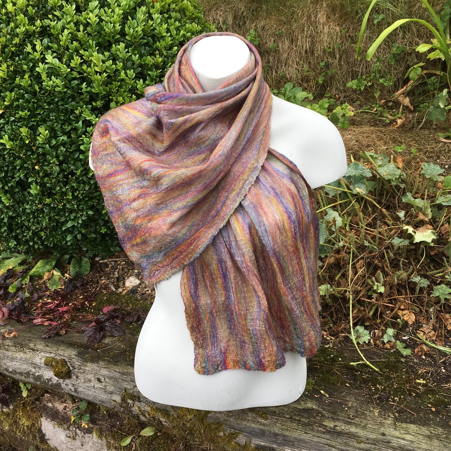 Rainbow nuno felted merino wool scarf