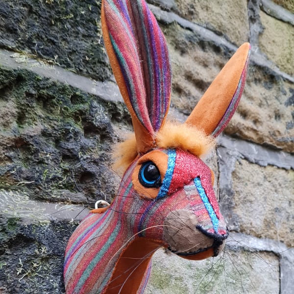 Faux hare head wall mount in multi coloured lurex - Ziggy Haredust