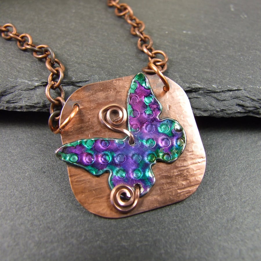 Butterfly Necklace, Copper and Aluminium Butterfly with Ink & Resin